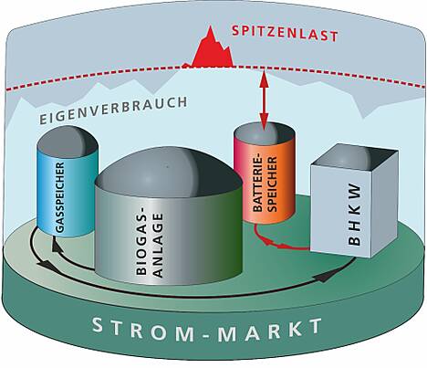 Das Projekt BioBatSys kombiniert Biogasanlagen mit Batteriespeichern: Batterien können kurzfristig sehr hohe Leistungen zur Verfügung stellen, während Biogasanlagen mit einer höheren mechanischen Trägheit versehen sind, dafür aber über einen im Vergleich zu Batterien längeren Zeitraum Energie speichern und bedarfsgerecht abrufen können. Ziel ist es, mit dieser Kombination einerseits neue Vermarktungswege zu erschließen und andererseits den Eigenverbrauch zu optimieren.