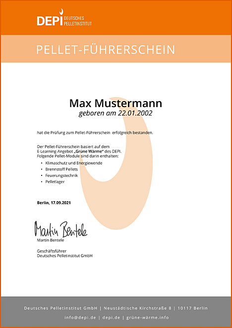 Der bestandene Pellet-Führerschein wird als Urkunde ausgestellt – perfekt für die Bewer-bungsunterlagen und den Nachweis in der Be-rufsschule!