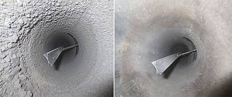 Blick in den Oeko-Tube-Inside: Abgeschiedener Feinstaub nach ca. 100 Betriebsstunden mit Holzhackgut (links) und nach erfolgter Abreinigung der Staubschicht (rechts)