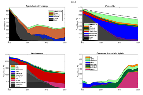 Biomassaufteilung zwischen Strom-, Wärme- und Verkehrssektor im Szenario 1 